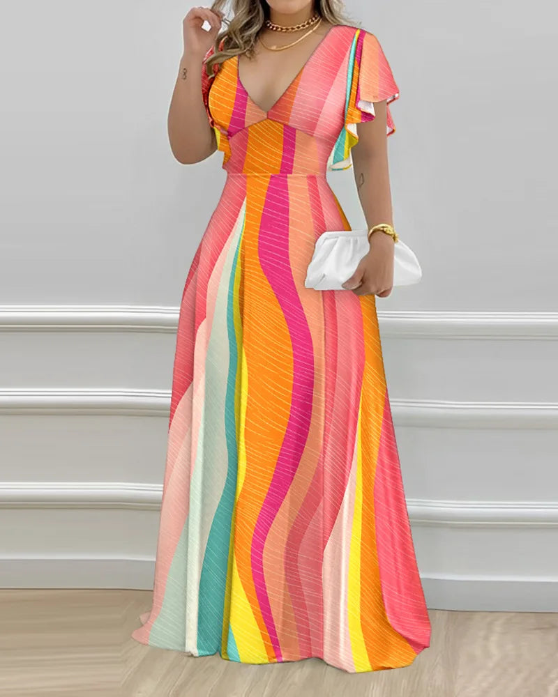 Elegant Women's Dresses Summer Fashion Split Sleeve Pearls Decor Plants Print Split Sleeve Casual V-Neck Half Sleeve Maxi Dress