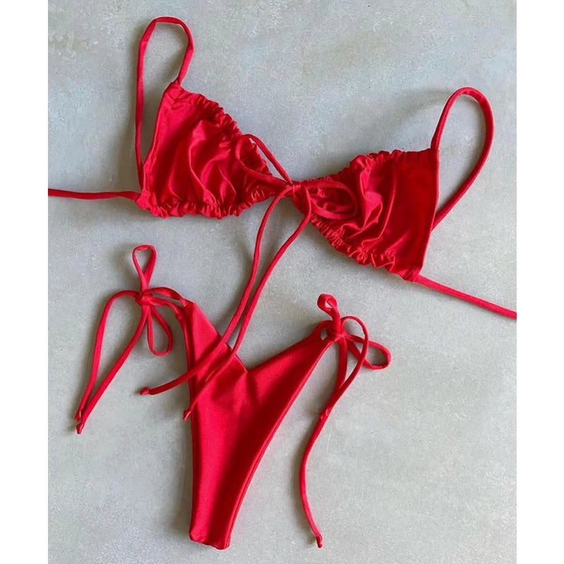 BIQIUYYI Brazilian Sexy Micro Mini Thong Bikini Set Summer Bandage Swimsuit Women Pleated Bathing Suit Beachwear Halter Biqiuni