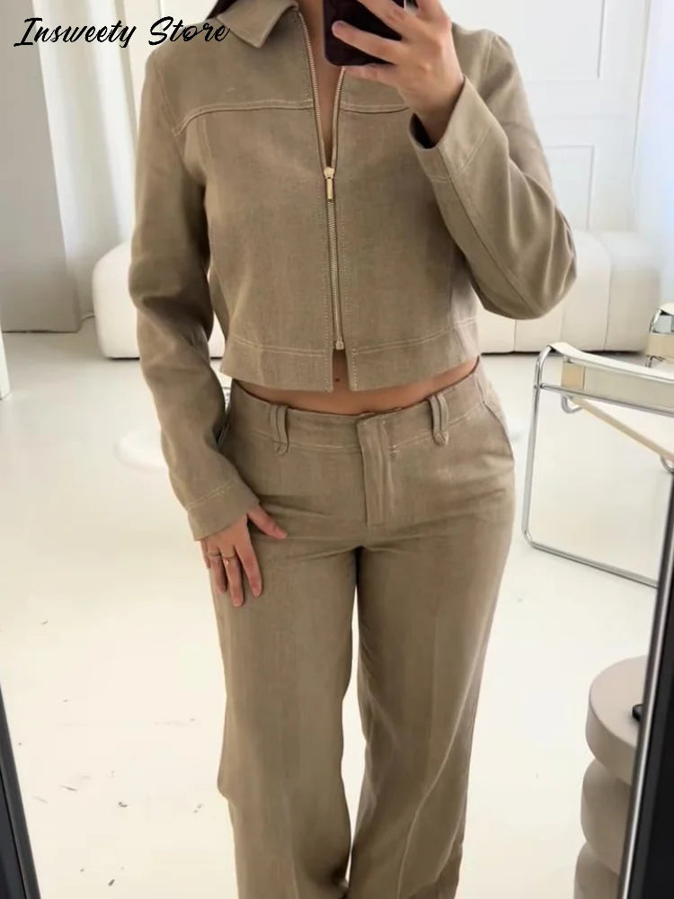 Casual Coats Pants Sets Women'S Turn-down Collar Long Sleeve Zippers Tops High Waist  Trousers 2026 Spring New Lady Chic Suit