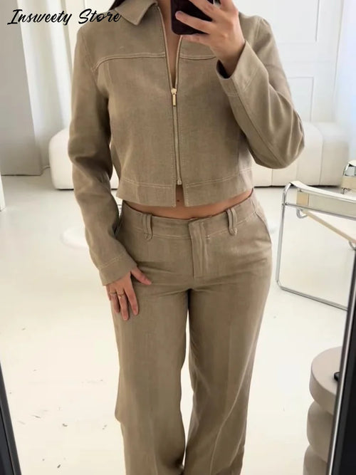 Casual Coats Pants Sets Women'S Turn-down Collar Long Sleeve Zippers Tops High Waist  Trousers 2026 Spring New Lady Chic Suit