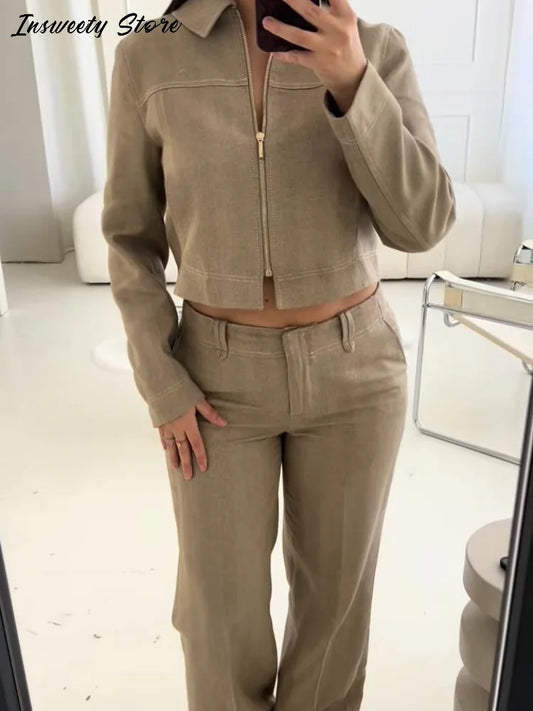 Casual Coats Pants Sets Women'S Turn-down Collar Long Sleeve Zippers Tops High Waist  Trousers 2026 Spring New Lady Chic Suit