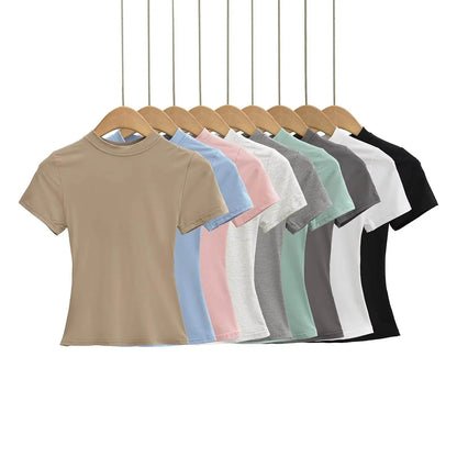 2025 New High Quality Casual T shirt Sexy Slim Short Sleeves Fashion Trend Solid Women Clothing y2k Tops