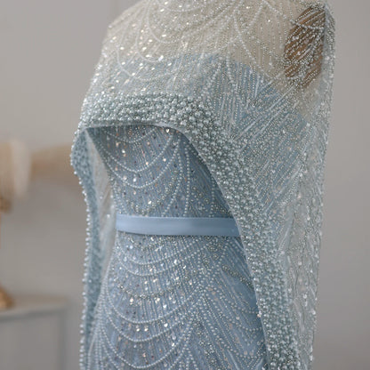 Sharon Said Luxury Pearls Dubai Champagne Evening Dresses with Cape New Arabic Women Mermaid Wedding Party Prom Dress SS369