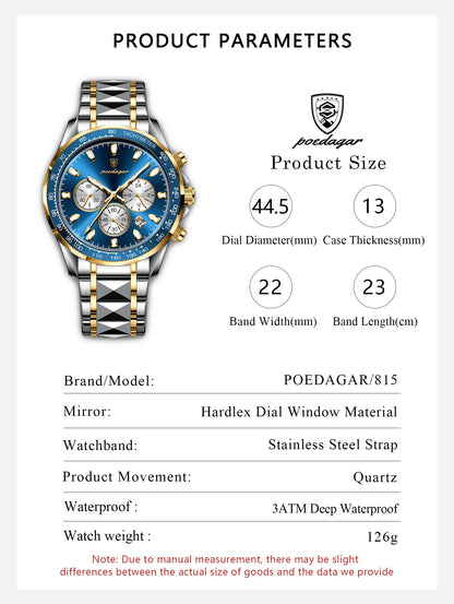 POEDAGAR Top Luxury Men Watch Chronograph Waterproof Luminous Date Man Watch Stainless Steel Sports Fashion Quartz Men's Watches