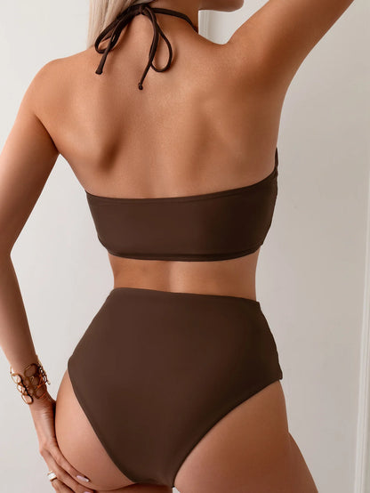 Sexy Halter Pleate Bikini Set 2026 Women Coffee Push Up Crop Top with High Waist Swimsuit Summer Holiday Bathing Suit Swimwear