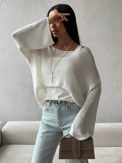 Bornladies Simple Solid Color Long Sleeved Sweater Women's Spring Knitted Hollow Top Loose Versatile Casual Sweater Pullovers