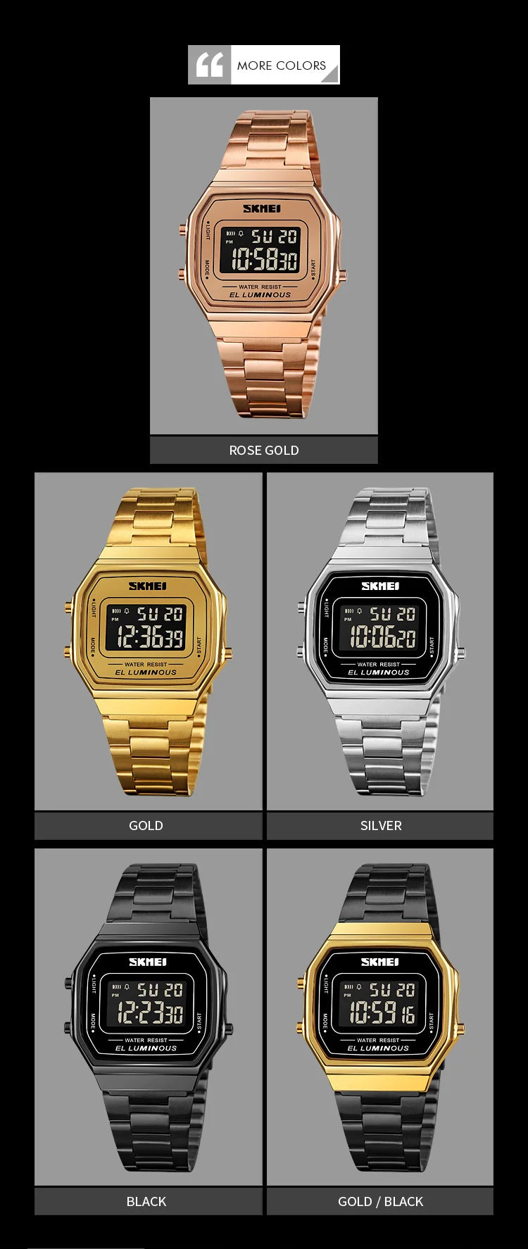 SKMEI 1647 Casual Simple Mens Wristwatches Stainless Steel Band Waterproof Watch Men reloj hombre Retro LED Digital Male Watches