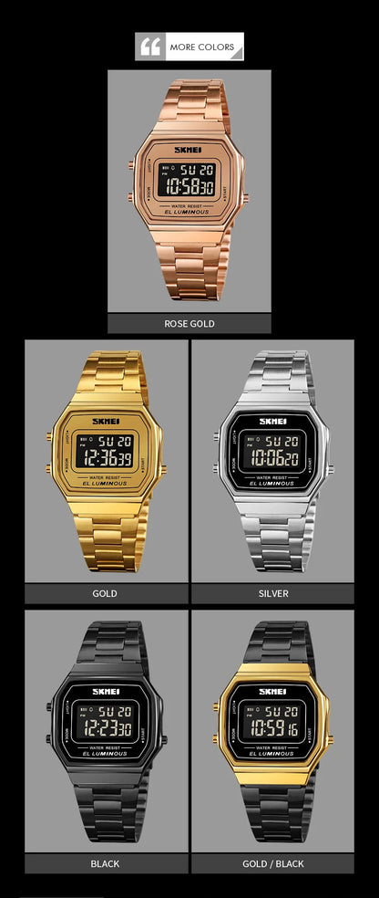 SKMEI 1647 Casual Simple Mens Wristwatches Stainless Steel Band Waterproof Watch Men reloj hombre Retro LED Digital Male Watches