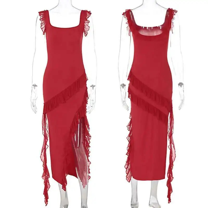 Giyu Sexy Ruffles Summer Dress 2025 Women Clothing Elegant Holiday Club Evening Party Dresses Slash Neck Split Bodycon Long Robe