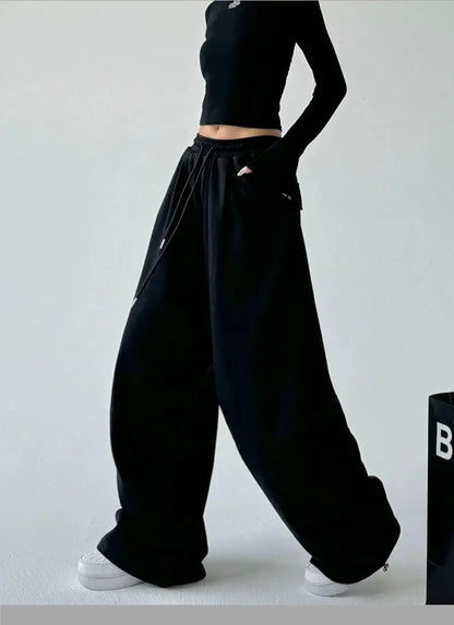 2025 New Harajuku Wide Leg Sweatpants Women Streetwear Baggy Oversize Gray Sports Pants Woman Drawstring Casual Joggers Trousers