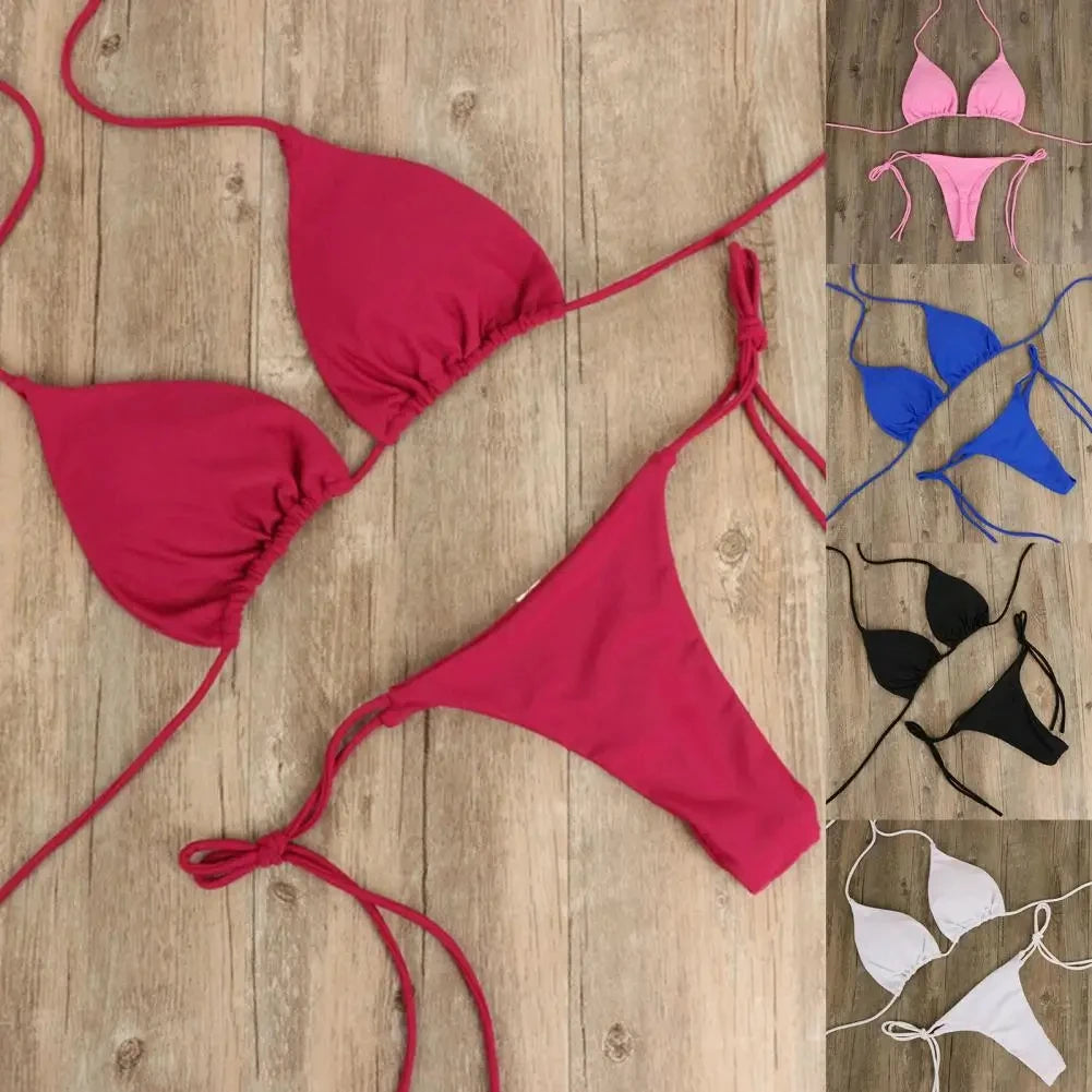 2025 Sexy Halter Solid color Bikini Set Women's Swimsuit Two-piece Triangle Thong Swimwear Bathing Suit for Beach Biquinis