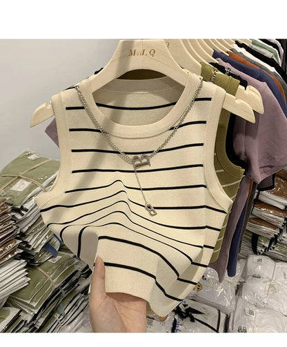 AOSSVIAO 2026 New Waistcoat Women Wear Striped Wide Edge Temperament Summer Top Short Knit Sleeveless Bottom Shirt