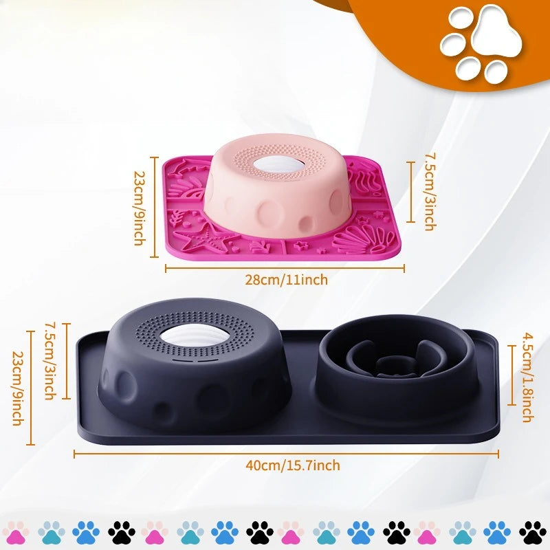 New Double-bowl Pet Licks-and-eats Bowls with Fun Rollers At The Bottom and Suction Cups. for Dogs and Cats. Licking Pads.