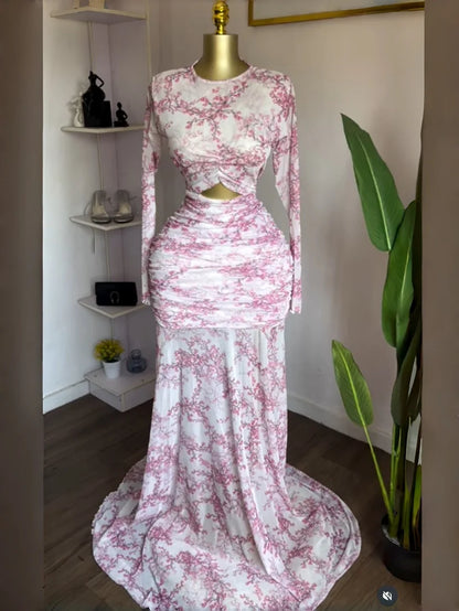 GLCMYAYA 2025 Fall Women O-neck Long Sleeve Print Mermaid Maxi Dress 2025 Evening Birthday Beach Sexy Night Party Long Dresses