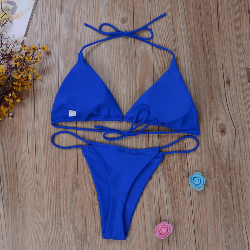 Women Thong Bikini Set Side Tie Sexy Swimsuit Bandage Style Brazilian Split Swimwear Female Bathing Suits 2024