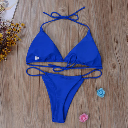 Women Thong Bikini Set Side Tie Sexy Swimsuit Bandage Style Brazilian Split Swimwear Female Bathing Suits 2024