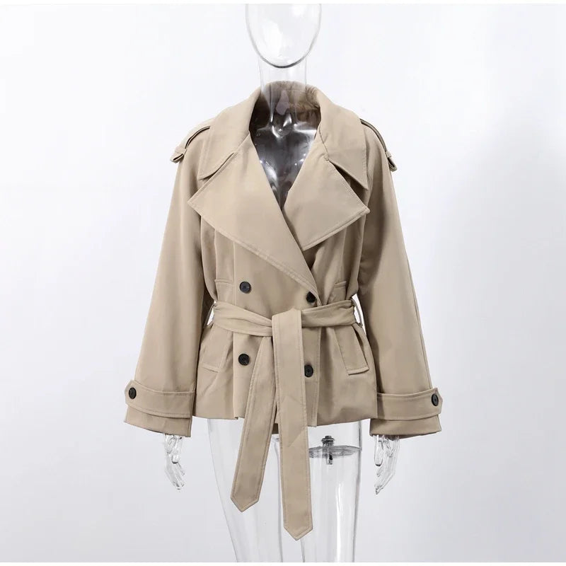 Solid Lapel Belted Windbreaker Chic Full Sleeve Button Loose Long Coat For Women 2025 New Office Lady Daily Commute Overcoats