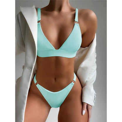 Sexy High Leg Cut Ribbed Bikini Women Swimwear Female Swimsuit Two-pieces Bikini set Padded Bather Bathing Suit Swim Lady V3255