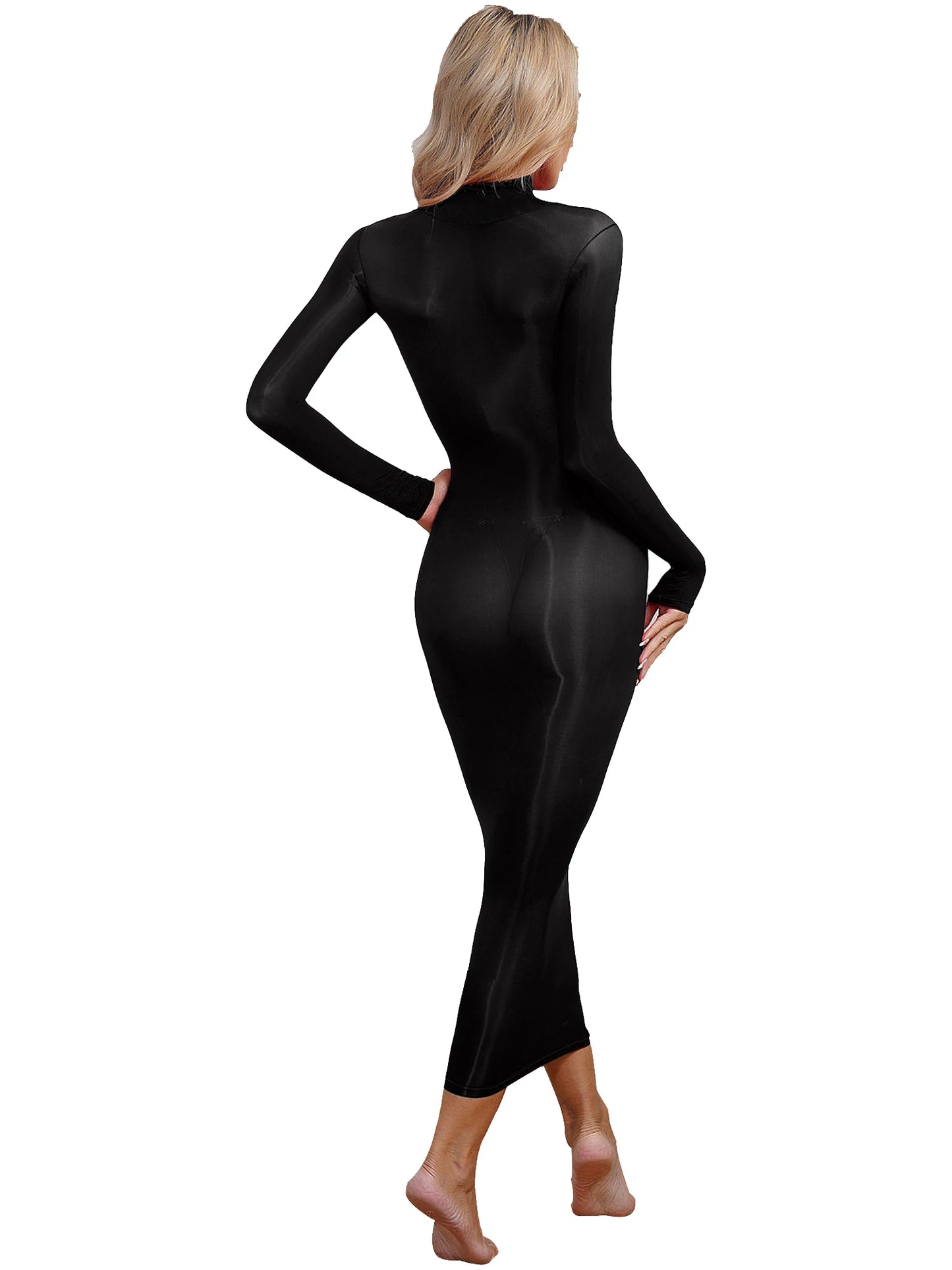 Womens See Though Bodycon Dress Sexy Lingerie Nightwear Long Sleeve Stretchy Glossy Dresses Tempting Party Pole Dancing Clubwear