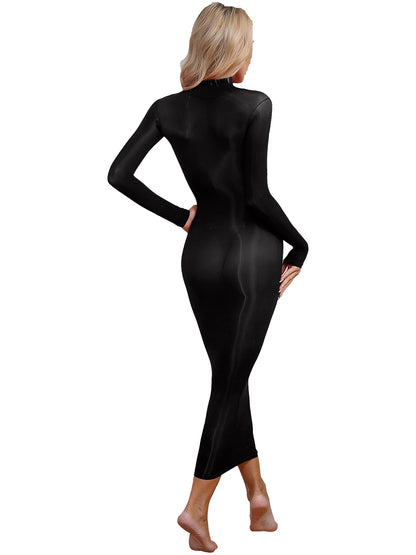 Womens See Though Bodycon Dress Sexy Lingerie Nightwear Long Sleeve Stretchy Glossy Dresses Tempting Party Pole Dancing Clubwear