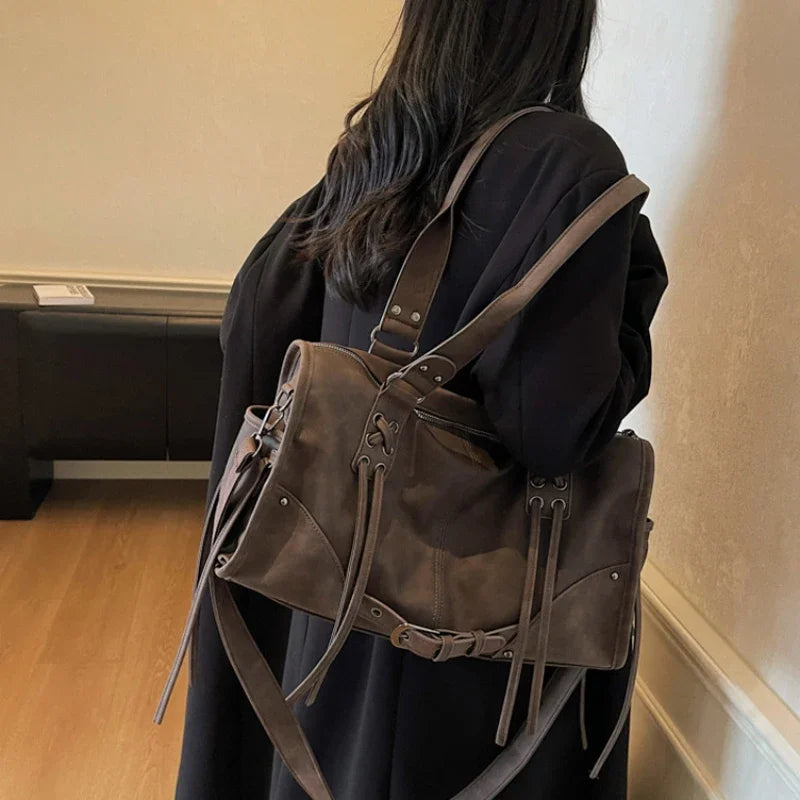 Retro Motorcycle Handbag Women Horizontal Tote Storage Tassel Design Pillow Shoulder Bag Trendy Large Capacity Soft Underarm Bag