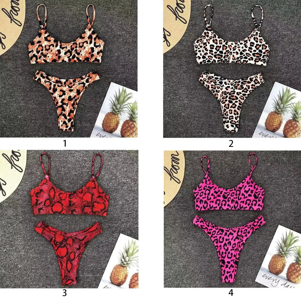 New Sexy Leopard Print Bikini Solid Swimsuit Women Split Swimwear Push Up Bikini Set Brazilian Bathing Suit Summer Beach Wear