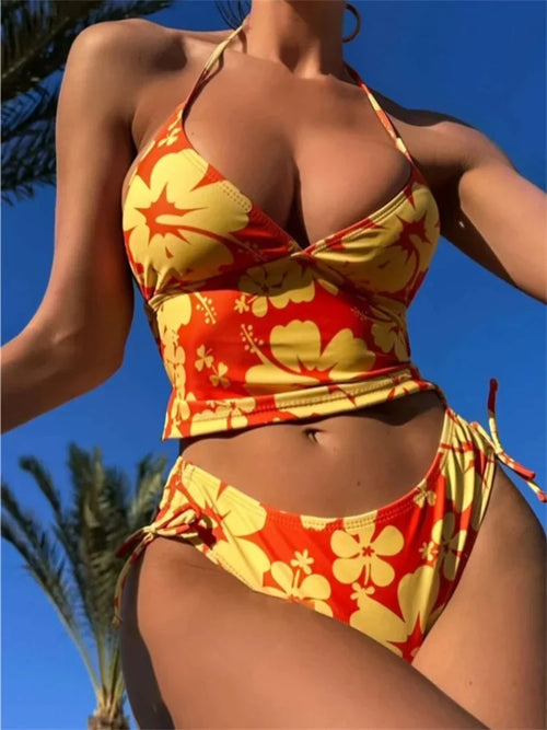 Sexy Yellow Floral Print Bikinis Set Women Halter Push Up Crop Top Swimsuit 2025 Beach Bathing Suit Lace Up High Waist Swimwear