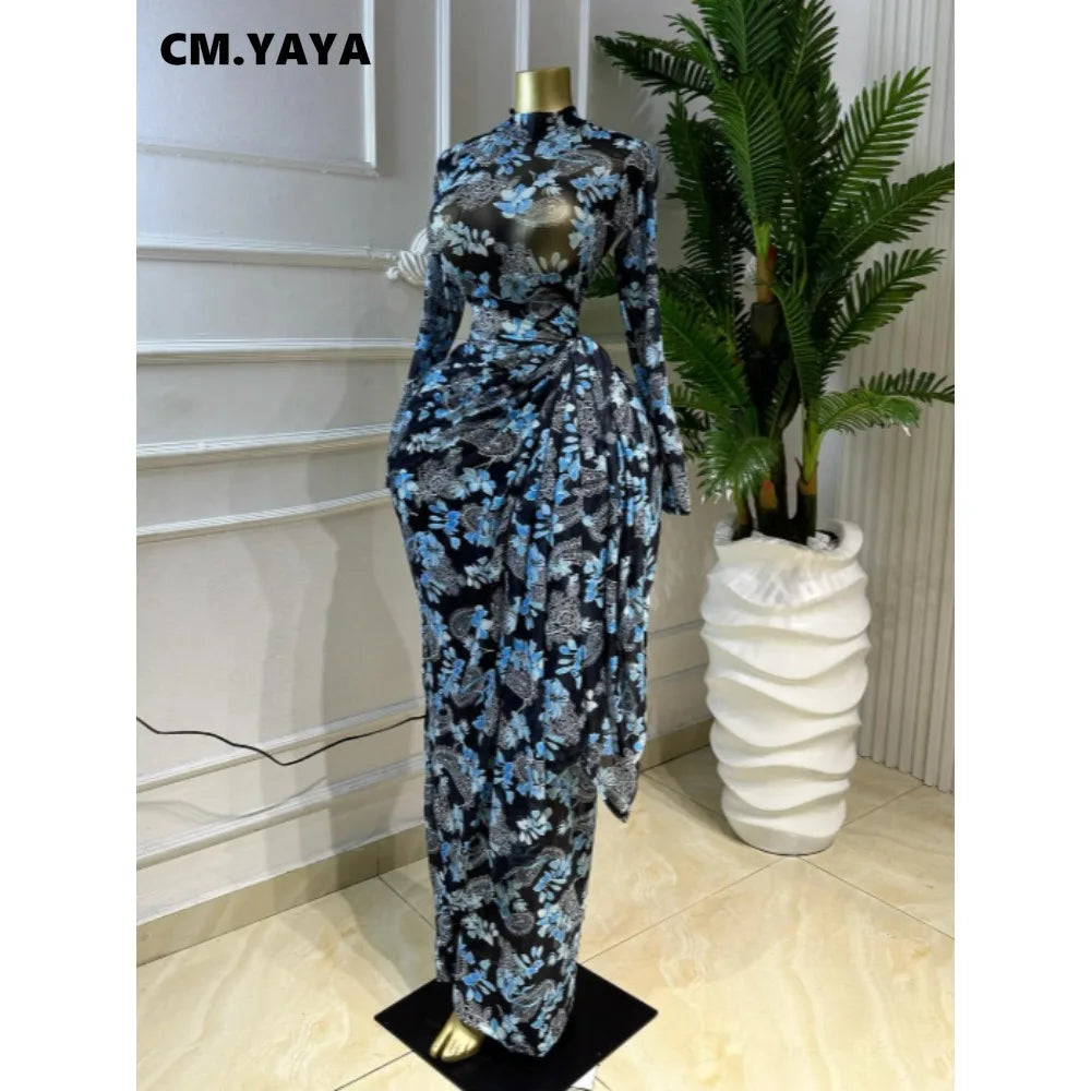 CM.YAYA Women Floral Print O-neck Ruched Bodycon Long Maxi Dress 2026 summer Evening Birthday Club Party Vestidos Sexy Dresses