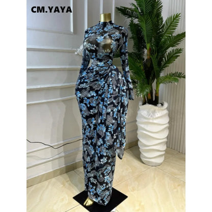 CM.YAYA Women Floral Print O-neck Ruched Bodycon Long Maxi Dress 2026 summer Evening Birthday Club Party Vestidos Sexy Dresses