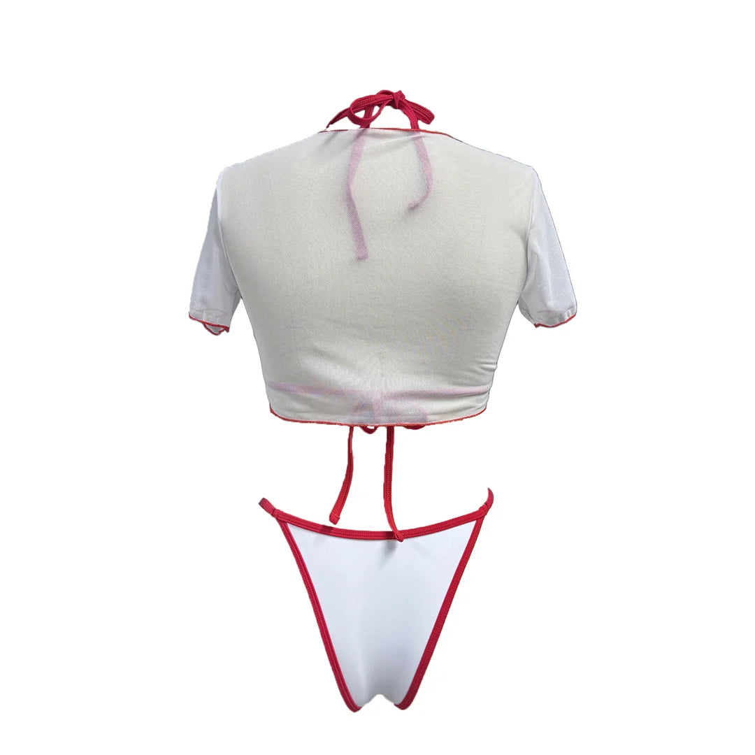 XS -XL Cherry Printed Short Sleeve Bikini Female Swimsuit Women Swimwear Three-pieces Bikini set Bather Bathing Suit Swim V6854