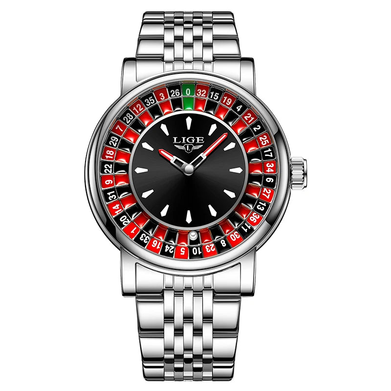 LIGE Quartz Man Watch Fashion Luxury Creative Roulette Game Dial Design Leather Casual Life Waterproof Watches for Men Gifts+Box
