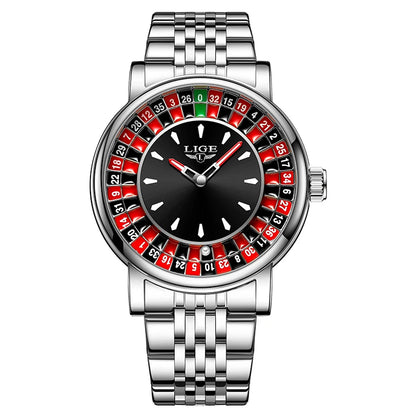 LIGE Quartz Man Watch Fashion Luxury Creative Roulette Game Dial Design Leather Casual Life Waterproof Watches for Men Gifts+Box