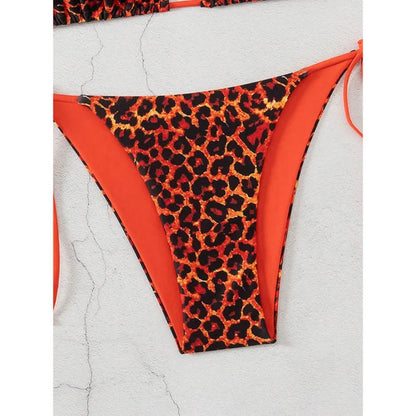 Sexy Leopard Print Two Piece Swimsuit Set Triangle Bra Suspender Halter Backless Bikini Set Beach Vacation Lace-up Swimwear 2025