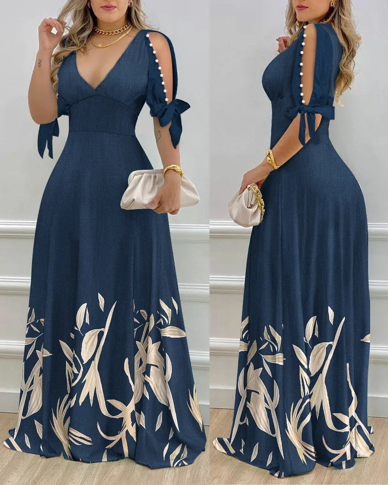 Elegant Women's Dresses Summer Fashion Split Sleeve Pearls Decor Plants Print Split Sleeve Casual V-Neck Half Sleeve Maxi Dress