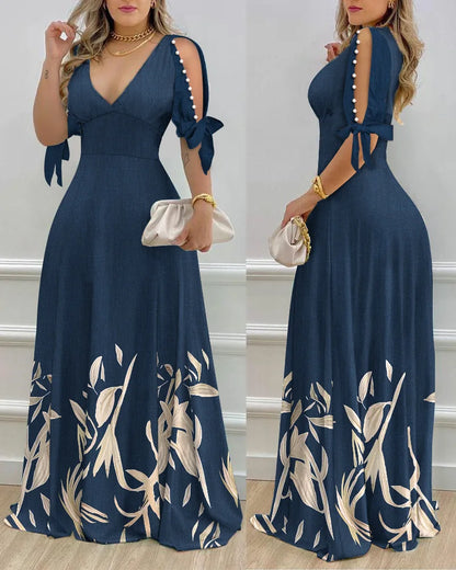Elegant Women's Dresses Summer Fashion Split Sleeve Pearls Decor Plants Print Split Sleeve Casual V-Neck Half Sleeve Maxi Dress