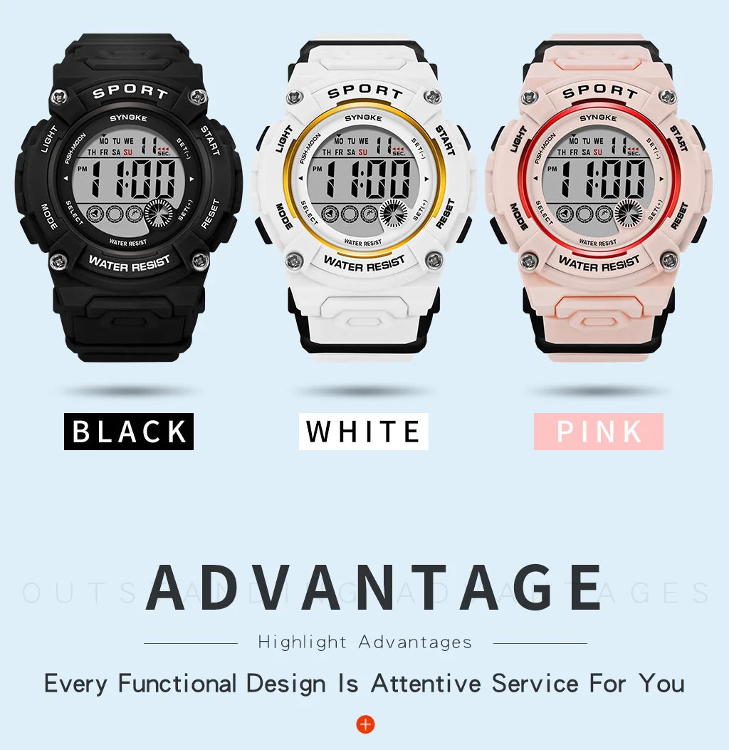 Synoke Shockproof Digital Sport's Watches Fashion PU Strap 50M Waterproof Colorful Light Led Chronograph Women's Wristwatch
