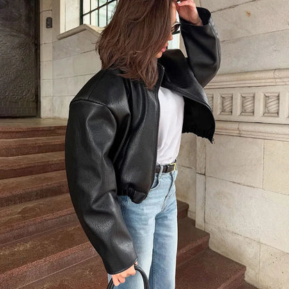Women's 2025 Fall Winter Black PU Leather Jacket Oversized Commuter Style PU Leather Jacket for Women Office Wear Coat