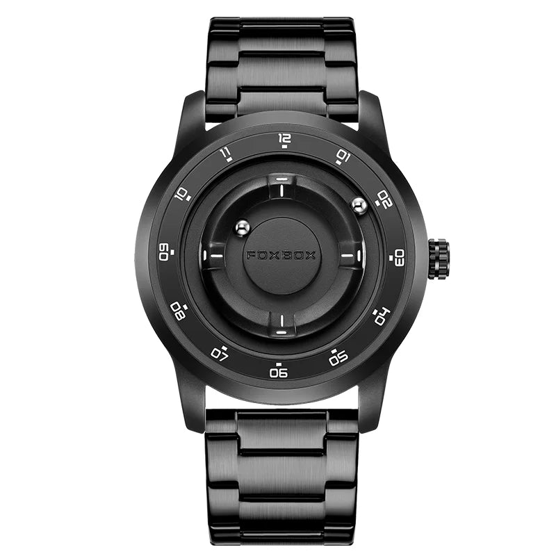 FOXBOX Personalized Mens Watches Creative Simple Floating Magnetic Pointer Quartz Wristwatch Steel Waterproof Watch for Man