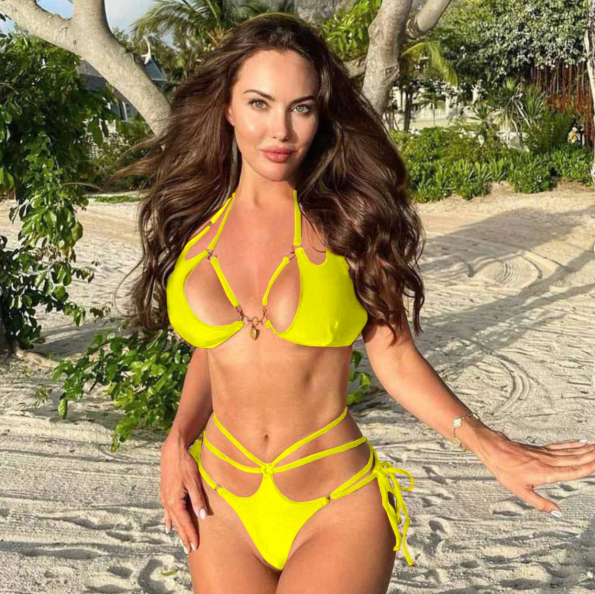 Brazilian Bikini Swimsuit for Women, Ring Linked Halter, Swimwear, Beachwear, 2025