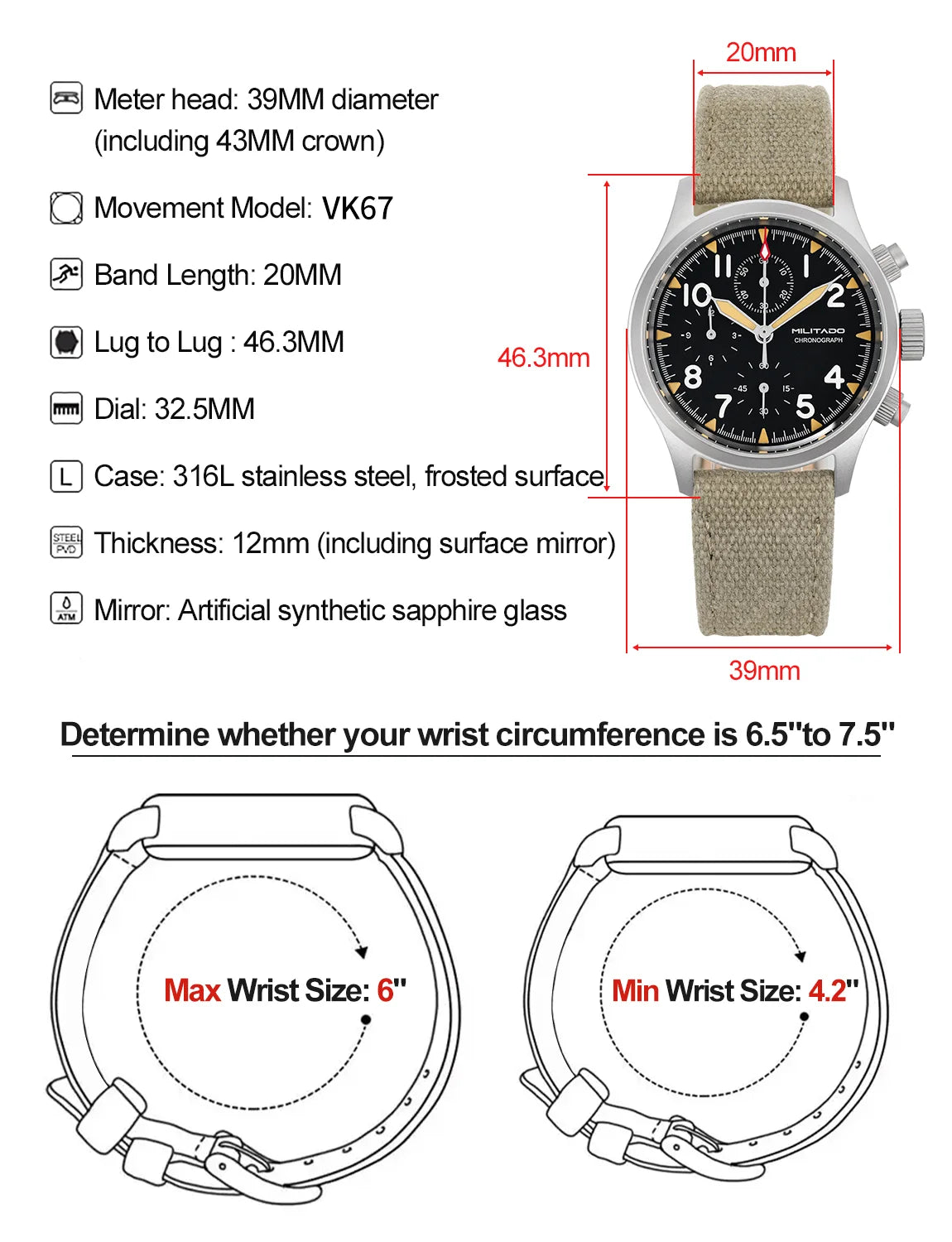 Militado ML1868KF 3 Dial Quartz Watch VK67 Sports Chronograph Watches Man Luminous Sapphire Glass 100M Waterproof 39Mm Watches
