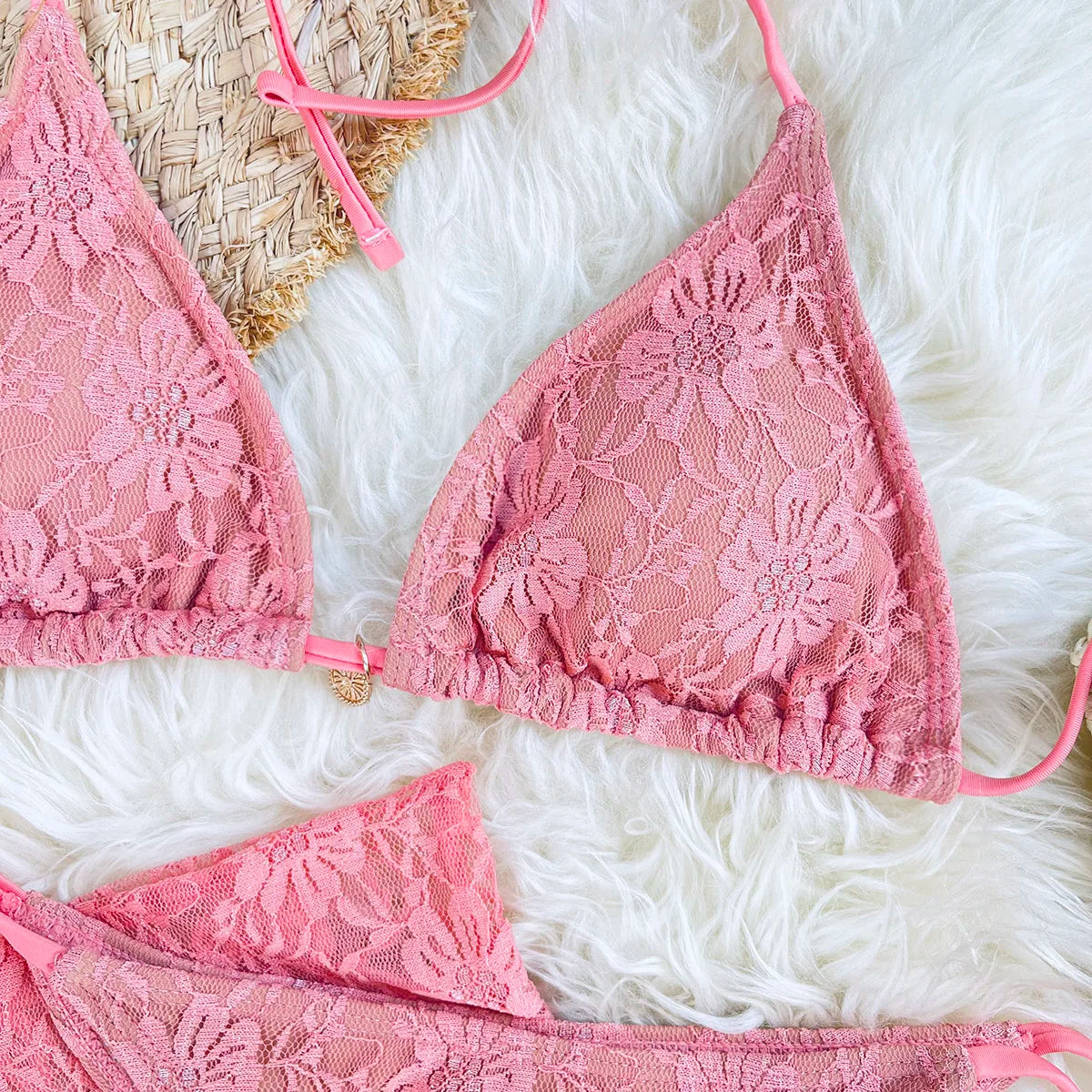 Lace Fabric Three-pieces Swimsuit Set With Sarong Bikini Inspired Women's Swimwear Beachwear Bathing Suit Vacay Outfit Biquini