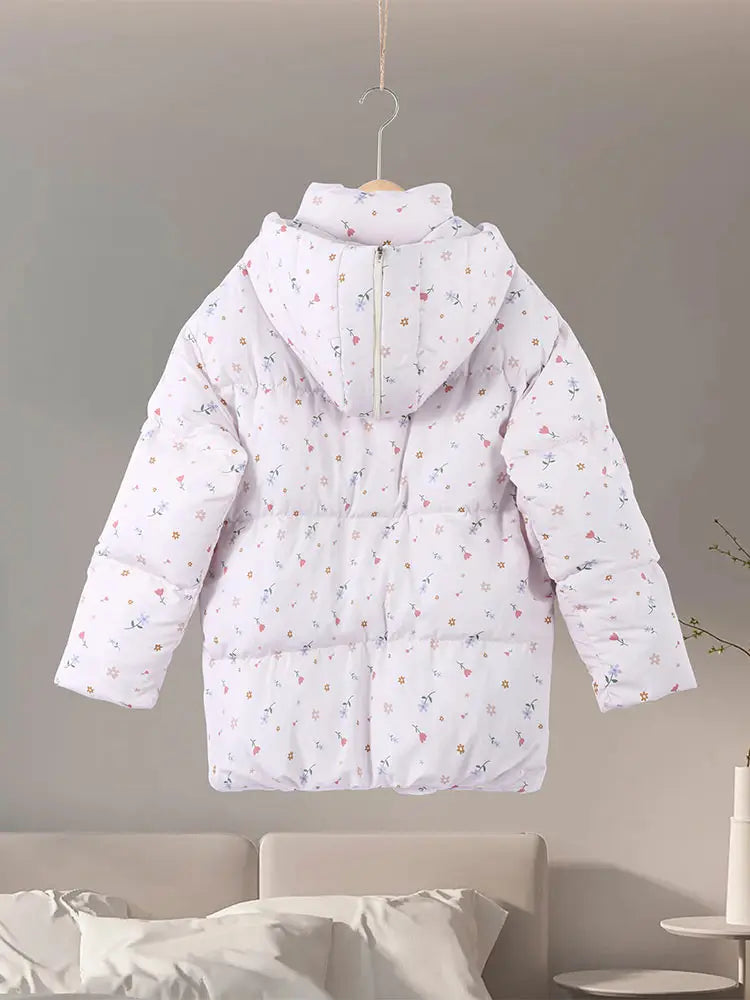 Printed Hooded Puffy Cotton Jacket Women Stand Collar Long Sleeve Zipper Loose Padded Coats 2025 Winter Lady Warm Outwear Street