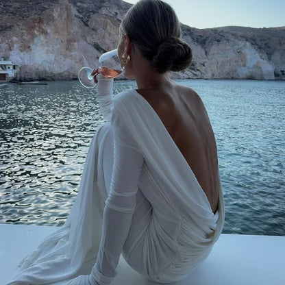 Chic Backless White Long Sleeved Slim Fit Dress for Women Pleated Elegant Round Neck Long Dresses 2024 New Female Evening Gowns