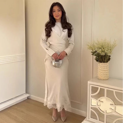 Lace Trim Women's Dress Long Sleeve Wrap O-Neck Top Midi Slim Skirt Satin Elegant Party Evening Dresses Trendy Outfit Ladies