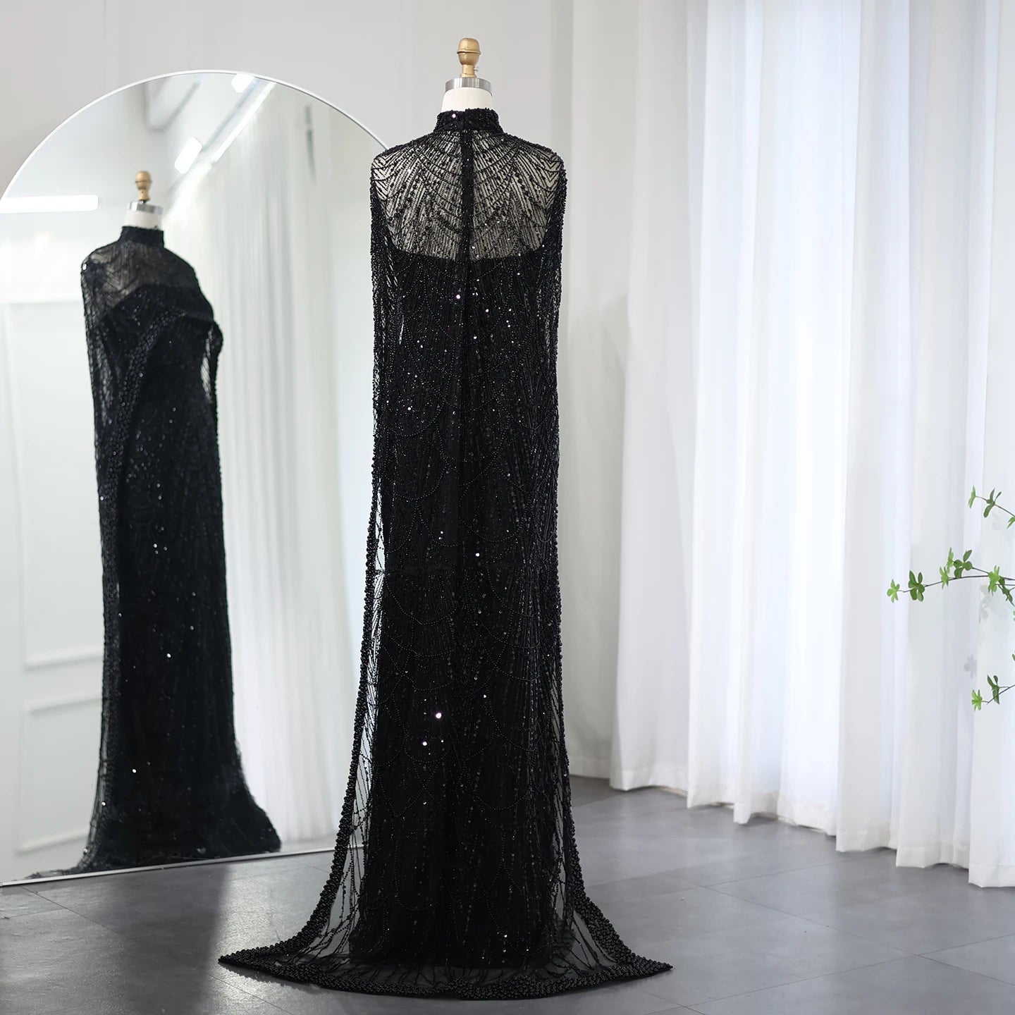 Sharon Said Luxury Pearls Dubai Champagne Evening Dresses with Cape New Arabic Women Mermaid Wedding Party Prom Dress SS369