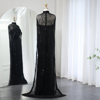 Sharon Said Luxury Pearls Dubai Champagne Evening Dresses with Cape New Arabic Women Mermaid Wedding Party Prom Dress SS369