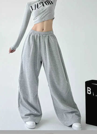 2025 New Harajuku Wide Leg Sweatpants Women Streetwear Baggy Oversize Gray Sports Pants Woman Drawstring Casual Joggers Trousers