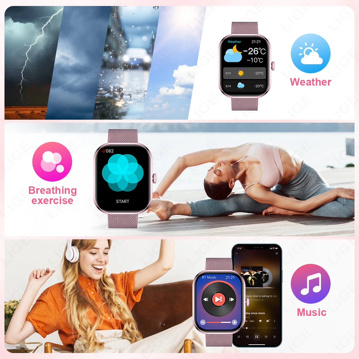 LIGE Fashion Smart Watches Women Bluetooth Call Women‘s Health Monitor Heart Rate Blood Pressure Fitness Digital Smartwatch Men