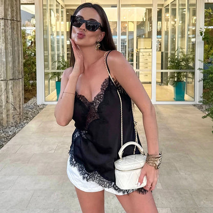 Linad Sexy Black Backless Lace Camisole Women Street Chic Spaghetti Strap Tops Female Casual Patchwork Silk Vest Female 2025