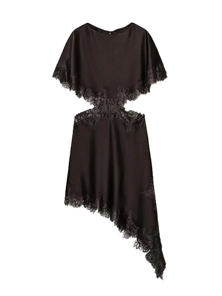 Sexy Lace Patchwork Waist Revealing Dress Women Fashion O-neck Short Sleeve High Waist Slim Dresses Female New Chic Casual Robe